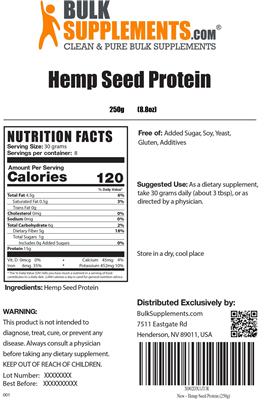 Photo of the BulkSupplements.com Hemp Seed Protein label
