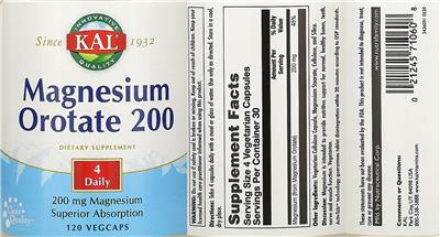 Photo of the KAL Magnesium Orotate 200 label