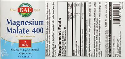 Photo of the KAL Magnesium Malate 400 label