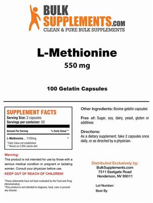 Photo of the BulkSupplements.com L-Methionine 550 mg label
