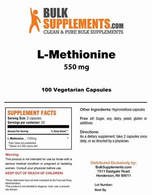 Photo of the BulkSupplements.com L-Methionine 550 mg label