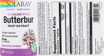 Photo of the Solaray Butterbur Root Extract 50 mg label