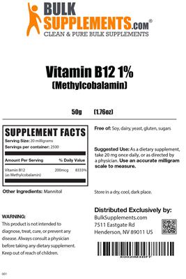 Photo of the BulkSupplements.com Vitamin B12 1% (Methylcobalamin) label