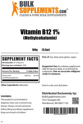 Photo of the BulkSupplements.com Vitamin B12 1% (Methylcobalamin) label