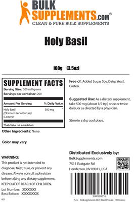Photo of the BulkSupplements.com Holy Basil label