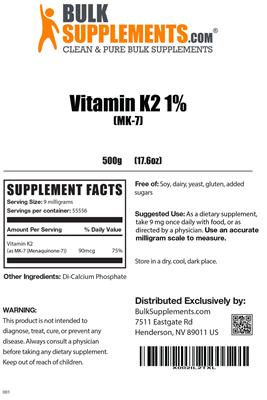 Photo of the BulkSupplements.com Vitamin K2 1% (MK-7) label