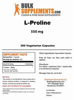 Photo of the BulkSupplements.com L-Proline 550 mg label