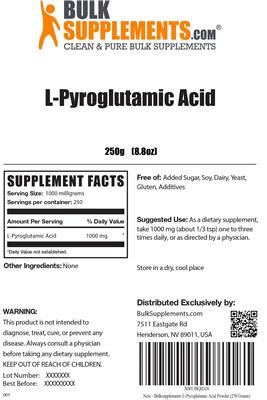 Photo of the BulkSupplements.com L-Pyroglutamic Acid label