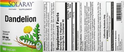 Photo of the Solaray Dandelion 520 mg label