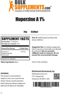 Photo of the BulkSupplements.com Huperzine A 1% label
