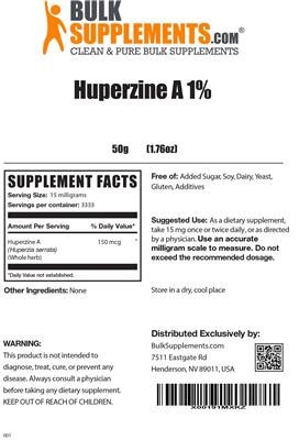 Photo of the BulkSupplements.com Huperzine A 1% label