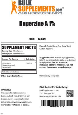 Photo of the BulkSupplements.com Huperzine A 1% label