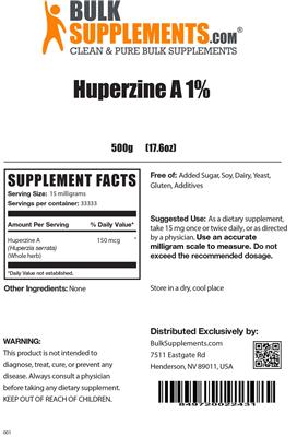 Photo of the BulkSupplements.com Huperzine A 1% label