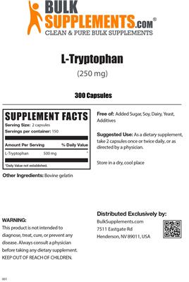 Photo of the BulkSupplements.com L-Tryptophan (250 mg) label