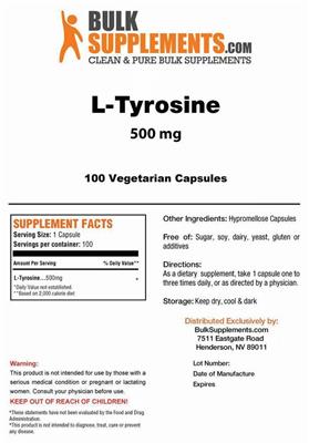 Photo of the BulkSupplements.com L-Tyrosine 500 mg label