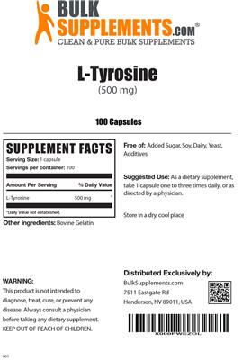 Photo of the BulkSupplements.com L-Tyrosine (500 mg) label