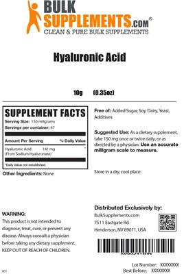 Photo of the BulkSupplements.com Hyaluronic Acid label