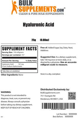 Photo of the BulkSupplements.com Hyaluronic Acid label