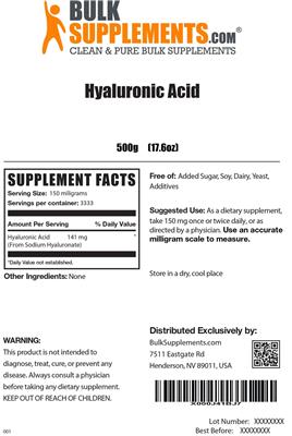 Photo of the BulkSupplements.com Hyaluronic Acid label