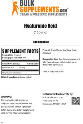 Photo of the BulkSupplements.com Hyaluronic Acid (150 mg) label
