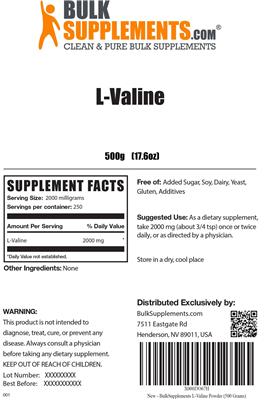 Photo of the BulkSupplements.com L-Valine label