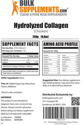 Photo of the BulkSupplements.com Hydrolyzed Collagen (Chicken) label