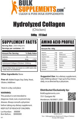 Photo of the BulkSupplements.com Hydrolyzed Collagen (Chicken) label