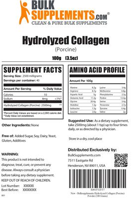 Photo of the BulkSupplements.com Hydrolyzed Collagen (Porcine) label