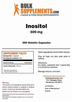 Photo of the BulkSupplements.com Inositol 600 mg label