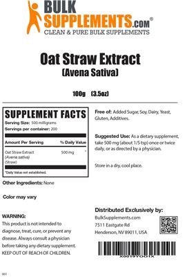 Photo of the BulkSupplements.com Oat Straw Extract (Avena Sativa) label
