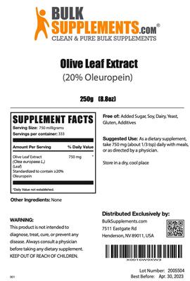 Photo of the BulkSupplements.com Olive Leaf Extract (20% Oleuropein) label
