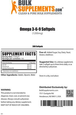 Photo of the BulkSupplements.com Omega 3-6-9 Softgels (1200 mg) label