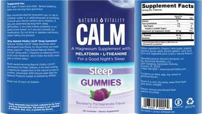Photo of the Natural Vitality CALM Sleep Gummies Blueberry Pomegranate Flavor label