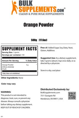 Photo of the BulkSupplements.com Orange Powder label