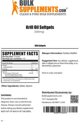 Photo of the BulkSupplements.com Krill Oil Softgels 500 mg label