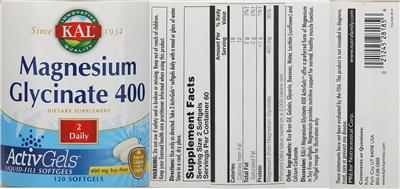 Photo of the KAL Magnesium Glycinate 400 label