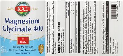 Photo of the KAL Magnesium Glycinate 400 label