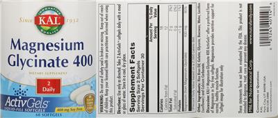 Photo of the KAL Magnesium Glycinate 400 label