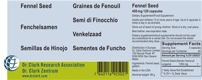 Photo of the Dr. Clark Research Association Dr. Clark Zentrum Fennel Seed 450 mg label