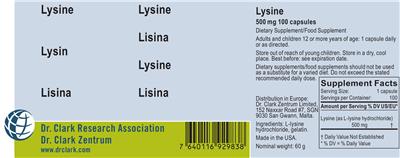Photo of the Dr. Clark Research Association Dr. Clark Zentrum Lysine 500 mg label