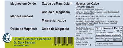 Photo of the Dr. Clark Research Association Dr. Clark Zentrum Magnesium Oxide 540 mg label