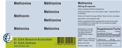Photo of the Dr. Clark Research Association Dr. Clark Zentrum Methionine 500 mg label