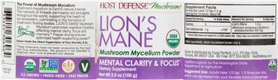 Photo of the Host Defense Mushrooms Lion's Mane label