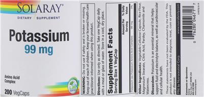 Photo of the Solaray Potassium 99 mg label
