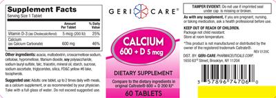 Photo of the Geri-Care Calcium 600 + D 5 mcg label