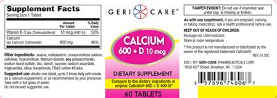 Photo of the Geri-Care Calcium 600 + D 10 mcg label
