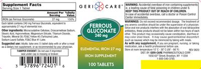 Photo of the Geri-Care Ferrous Gluconate 240 mg label