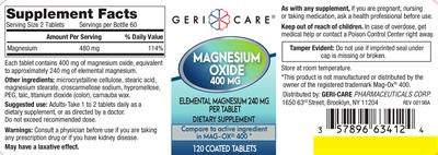 Photo of the Geri-Care Magnesium Oxide 400 mg label