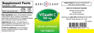 Photo of the Geri-Care Vitamin C 500 mg label