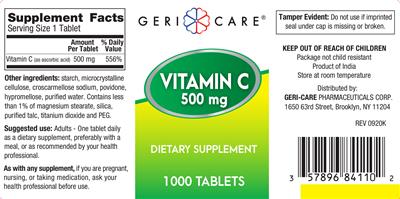 Photo of the Geri-Care Vitamin C 500 mg label